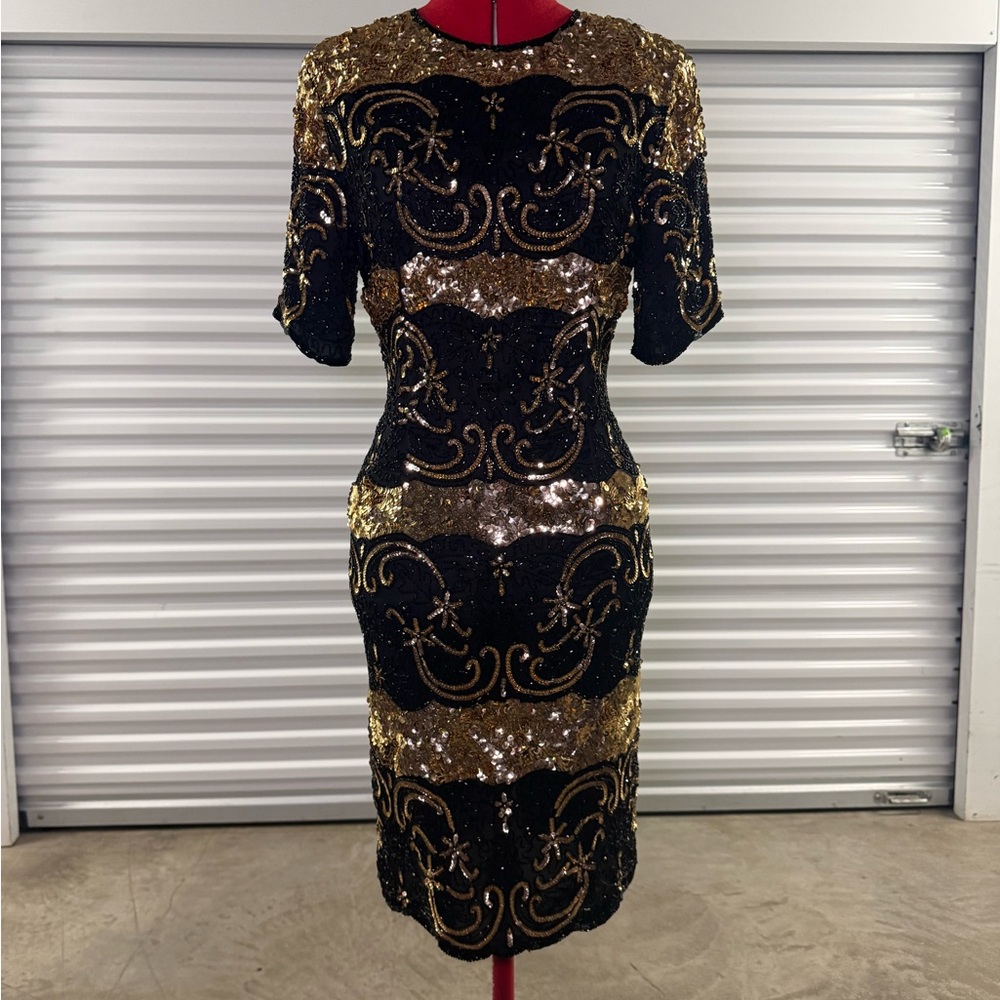 Black & Gold Sequin Sheath Dress